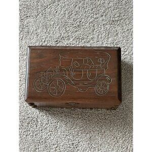 antique vintage wooden jewelry box Hand Carved Locomotive 9x5.5x4.25”